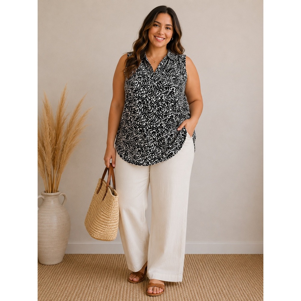 NEW Terra & Sky Button Down Shirt Women 4X Black White Floral Sleeveless Blouse‎